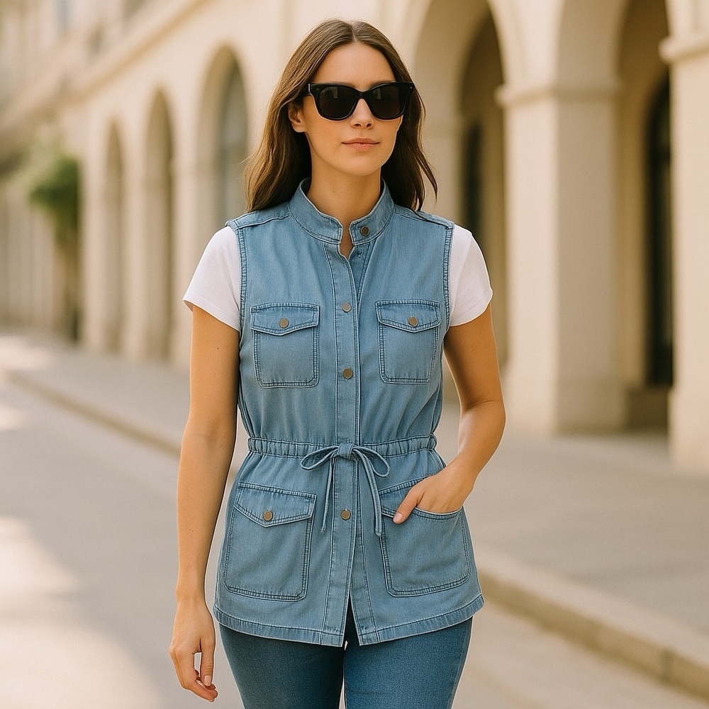 NWT Knox Rose Light Wash Chambray Utility Vest Tunic Size‎ XS